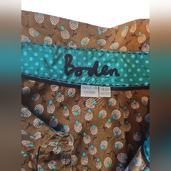 Boden Brown Teal Print Button Front Blouse Size 10P - Picture 3 of 6